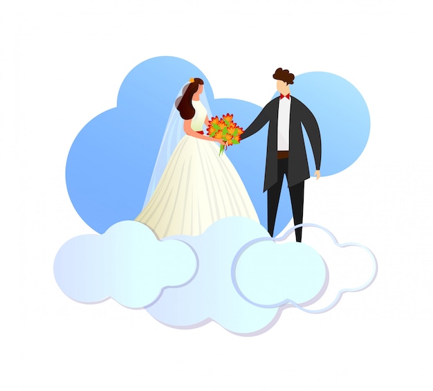 Pares cariñosos del recién casado feliz que se colocan en las nubes.
