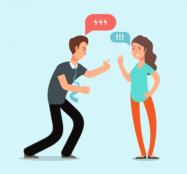 Los pares enojados jovenes del hombre y de la mujer tienen pelea. Conflicto familiar infeliz, desacuerdo en el concepto de vector de relación