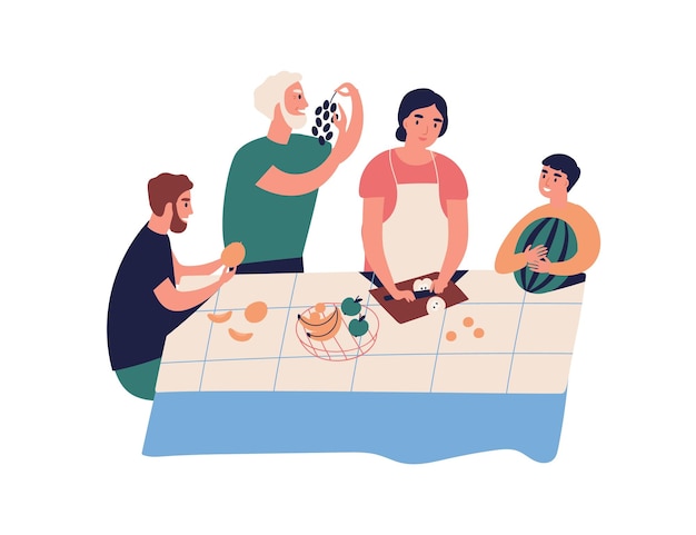 Vector parientes divertidos cocinando y comiendo fruta juntos vector ilustración plana. gran familia sonriente pasando tiempo en la cocina aislada en blanco. abuelo, hijos y nietos disfrutando de comida saludable.