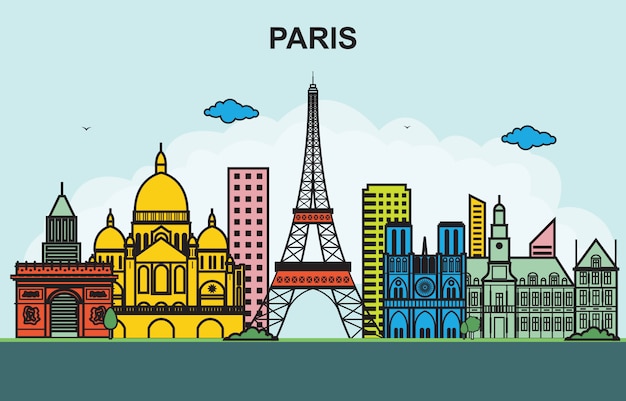 Paris City Tour Paisaje urbano Skyline Ilustración colorida