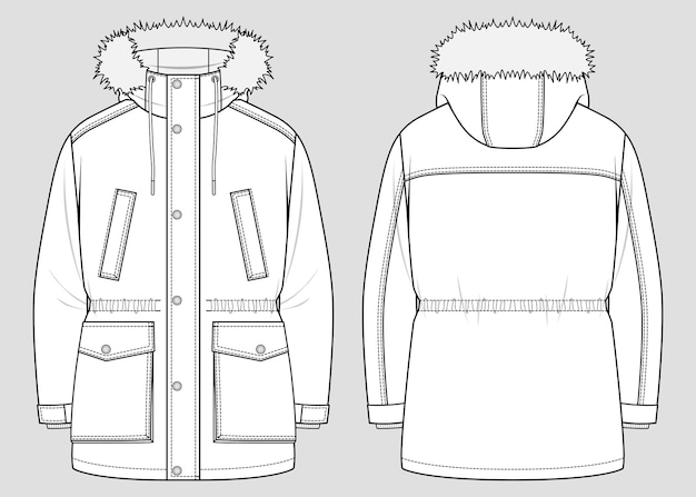 Parka de invierno acolchado con capucha y ribete de piel plantilla de maqueta de boceto técnico de vector