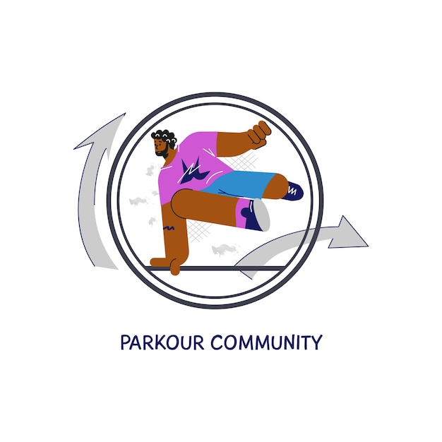 Parkour comunidad o deporte club emblema logotipo plano vector ilustración aislada