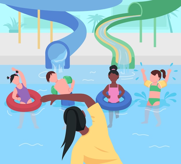 Vector parque acuático divertido color plano. gimnasia para niños. entretenimiento en el parque acuático. ejercicio y deporte. niños de jardín de infantes personajes de dibujos animados 2d con parque de atracciones
