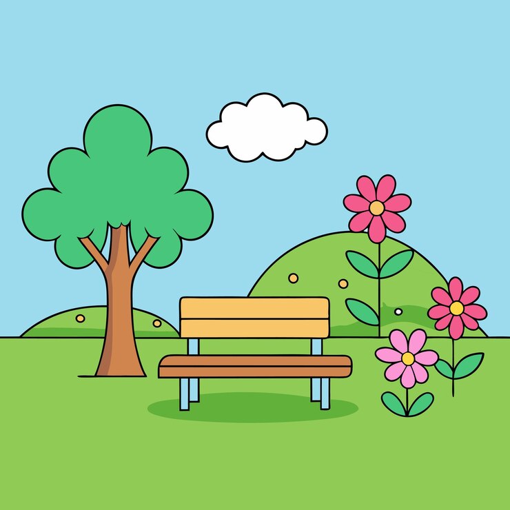 Parque al aire libre con árbol de banco y flores dibujos animados Ilustración de icono vectorial