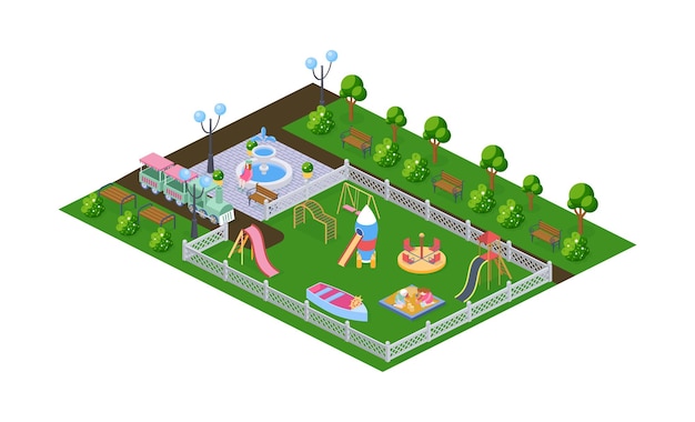 Parque al aire libre parque infantil en jardín de infantes al aire libre parque recreativo con bancos paisaje con plantaciones fuente y equipo de juego para niños transporte vector isométrico