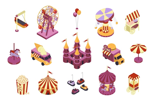 Parque de atracciones 3d isométrico mega conjunto en diseño plano Colección de elementos de isometría de diferentes carruseles rueda de ferris globos comida callejera quiosco castillo mágico circo otro ilustración vectorial