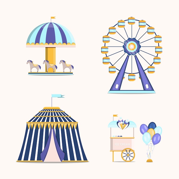 Parque de atracciones con carrusel de rueda de la fortuna circo y helado ilustración vectorial