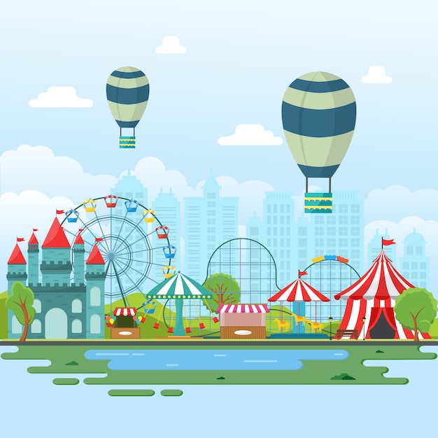 Parque de atracciones circo carnaval festival diversión feria paisaje ilustración