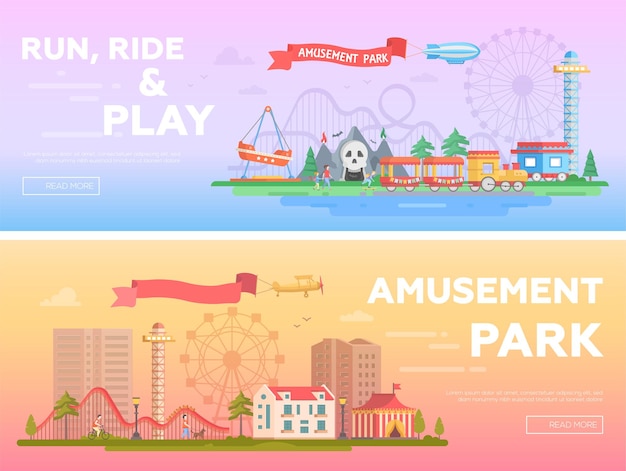 Parque de atracciones - conjunto de ilustraciones vectoriales planas modernas con lugar para el texto. Dos variantes de parque de atracciones. Hermoso paisaje urbano con atracciones, casas, espectáculo de terror, noria. Colores naranja y morado