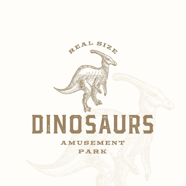 Parque de atracciones de dinosaurios de tamaño real símbolo de signo abstracto o plantilla de logotipo reptil de parasaurolophus dibujado a mano con tipografía premium y fondo concepto de emblema de vector elegante