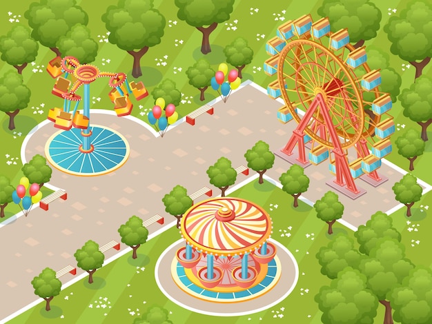 Parque de atracciones en diseño isométrico Parque verde de entretenimiento durante el día Paisaje urbano para niños con carrusel divertido y rueda de ferris colorida Paisaje verde con árboles y hierba Ilustración vectorial