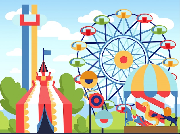 Vector parque de atracciones. diversión tema parque, entretenimientos de carnaval para niños durante el día