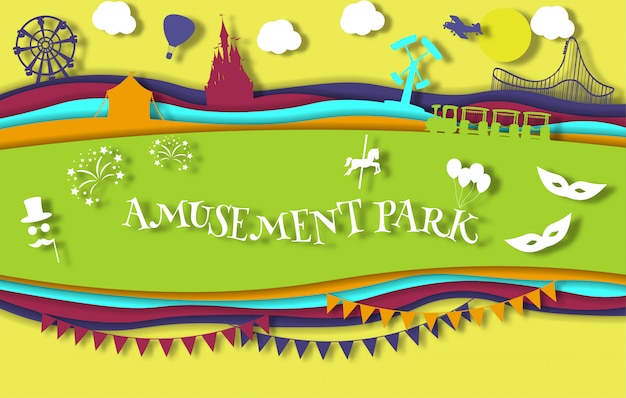 Parque de atracciones de estilo art papel con carrusel con atracciones