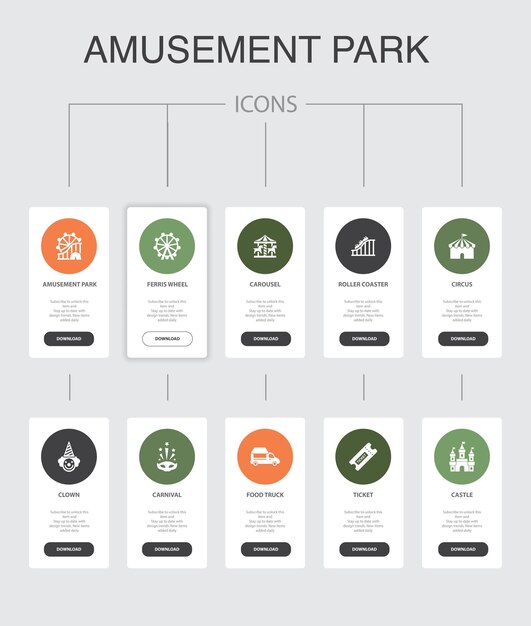 Parque de atracciones, infografía, 10 pasos, interfaz de usuario, design., rueda de la fortuna, carrusel, montaña rusa, carnaval, simple, iconos