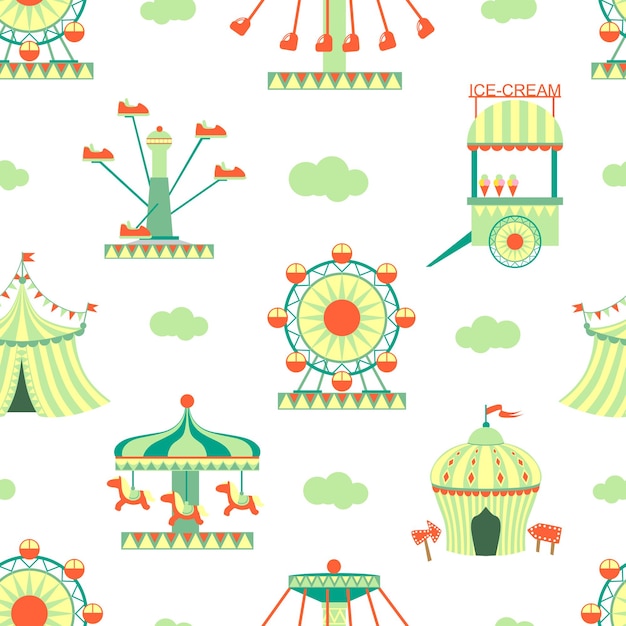 Parque de atracciones Patrón sin costuras Carnaval Funfair Elemento de diseño se puede utilizar para embalaje de papel tapiz textil Ilustración vectorial de fondo