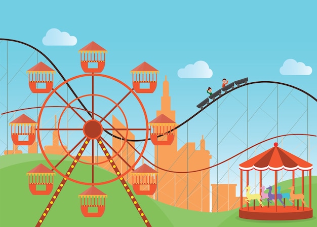 Vector parque de atracciones en plano colorido con la noria