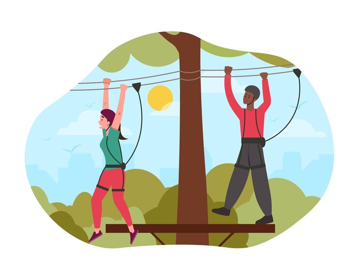 Vector parque de aventuras de cuerdas estilo de vida activo y actividades al aire libre hombre y mujer escaladores de roca aire fresco