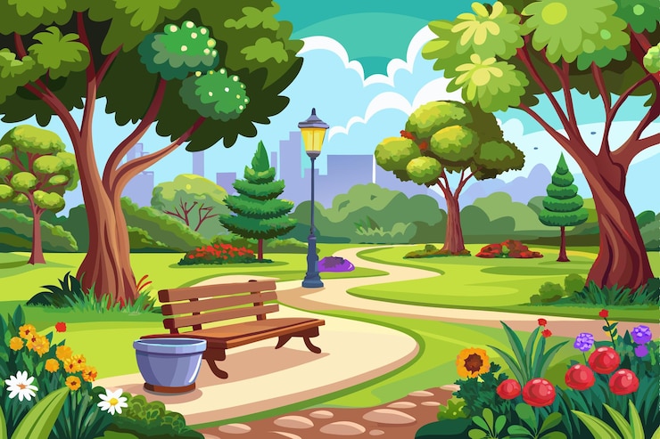 Vector un parque con un banco y un parque con una vista de la ciudad