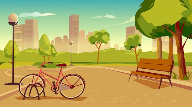 Parque de la ciudad con concepto de farolas. Lugar de jardín público con árboles verdes, linternas, camino para caminar o andar en bicicleta, banco, vista de rascacielos. Fondo de ilustración vectorial en diseño plano de dibujos animados