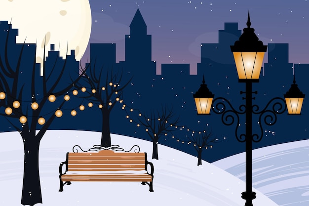 Parque de la ciudad de invierno con banco de madera Jardín público urbano vacío Guirlandas de paisaje con luna grande y S