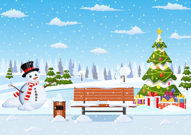 parque de la ciudad de invierno nevado con árboles de Navidad banco muñeco de nieve paisaje de Navidad de invierno para web de carteles de pancartas ilustración vectorial en estilo plano