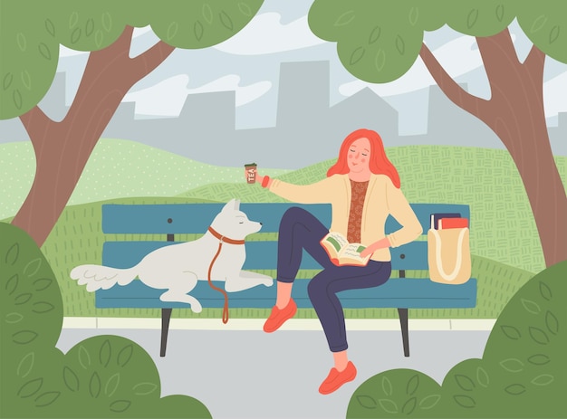 Vector parque de la ciudad. mujer bebe té y lee el libro en un banco. chica con perro al aire libre.