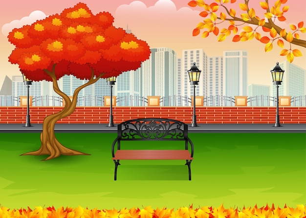 Vector parque de la ciudad de otoño con fondo de construcción de la ciudad