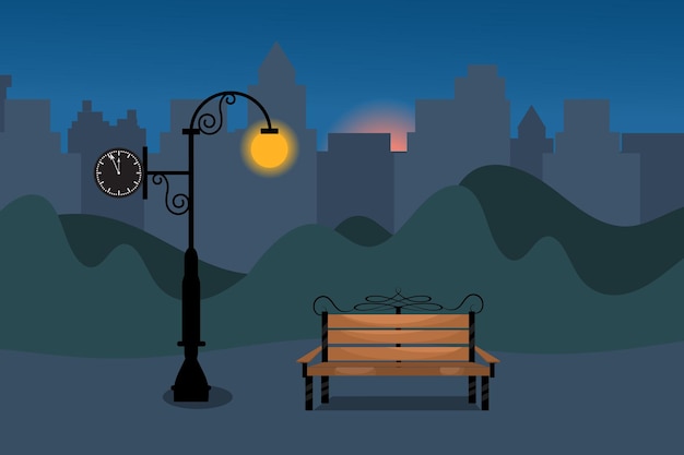 Parque de la ciudad con paisaje de banco lugar público vacío para caminar con luna y farola de streetlights