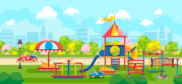 Parque de la ciudad de vector brillante con parque infantil