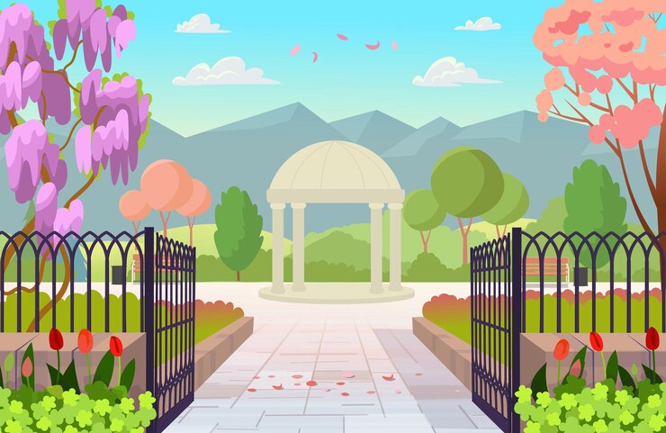 Vector parque floreciente en primavera con montañas día de entrada al parque puertas abiertas al parque