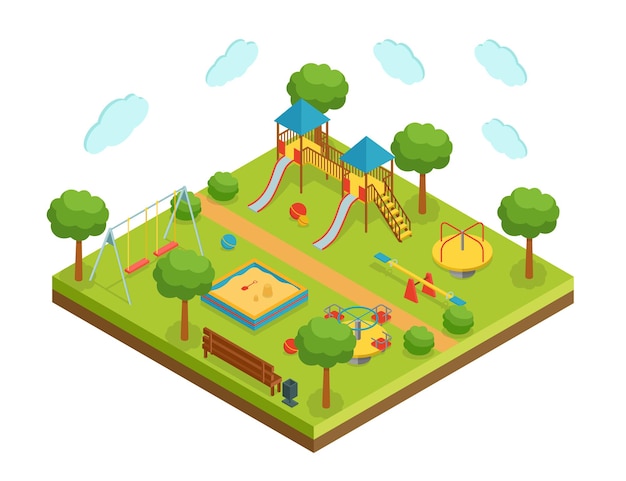 Parque infantil grande isométrica sobre fondo blanco, ilustración vectorial