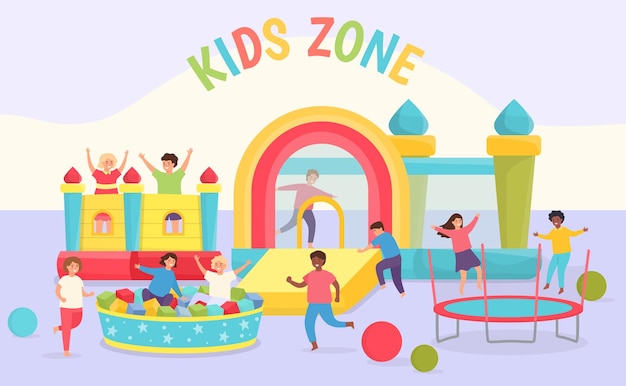 Parque infantil de guardería. Niños y niñas jugando en la habitación con camas elásticas, castillos hinchables, piscina suave y tobogán. Escena del vector del centro de la sala de juegos. Zona infantil de ilustración con actividad de trampolín.