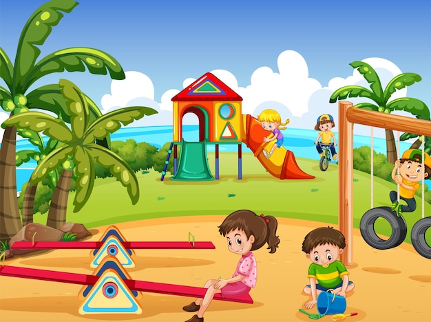 Vector parque infantil en la playa con niños felices