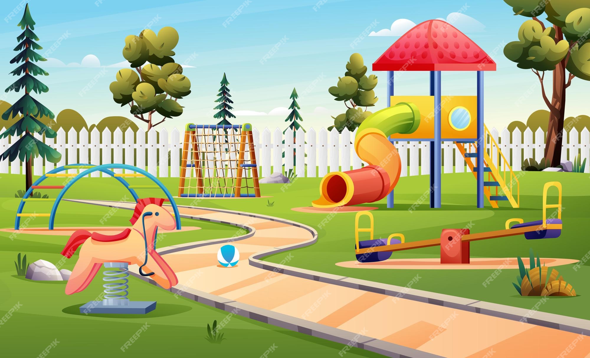 Parque infantil con tobogán, escalera de escalada y paisaje de dibujos animados de balancín | Vector Premium Parque infantil con tobogán, escalera de escalada y paisaje de dibujos animados de balancín | Vector Premium