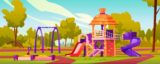 Vector parque infantil con toboganes y columpios