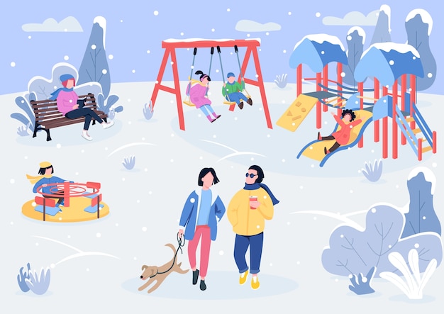 Parque de juegos de invierno con visitantes ilustración en color plano