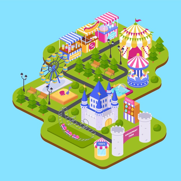 Vector parque de juegos para niños de recreación y entretenimiento con carruseles carruseles puestos de carpas de circo con bebidas alimenticias exterior del juego parque de diversiones para niños edificios paisaje vector isométrico