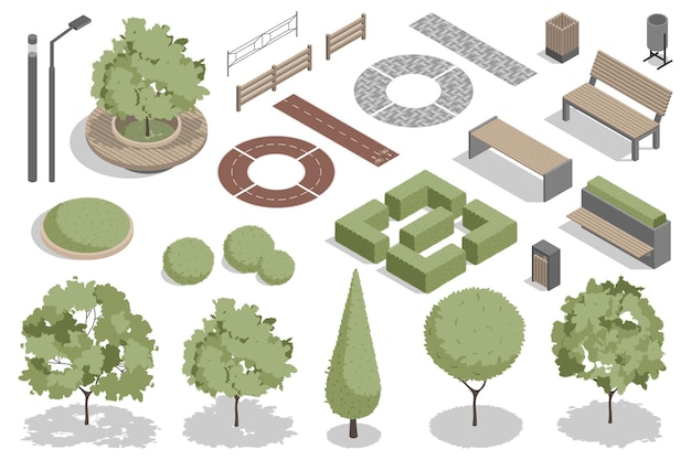 Parque moderno elementos isométricos constructor mega conjunto kit creador con lámparas de calle gráficas planas árboles y arbustos cercas bancos contenedores de basura caminos ilustración vectorial en diseño de isometría 3D