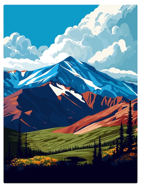 Vector parque nacional denali cartel de viaje vintage recuerdo cartel postal pintura de retrato ilustración de wpa