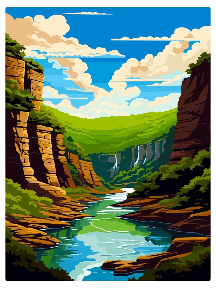 Vector parque nacional de las gargantas del río nuevo cartel postal de recuerdos cartel postal de recuerdos ilustración de pintura de retratos