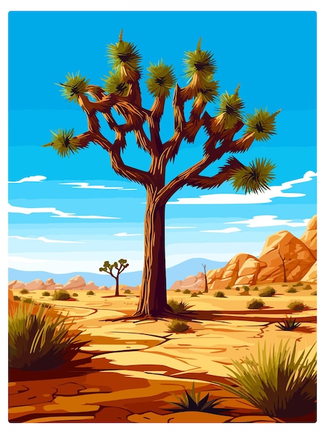 Vector parque nacional joshua tree california cartel de viaje vintage ilustración de retrato de tarjeta postal de recuerdo