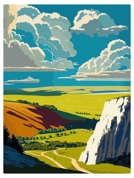 Vector parque nacional south downs cartel de viaje vintage recuerdo cartel postal pintura de retrato ilustración de wpa