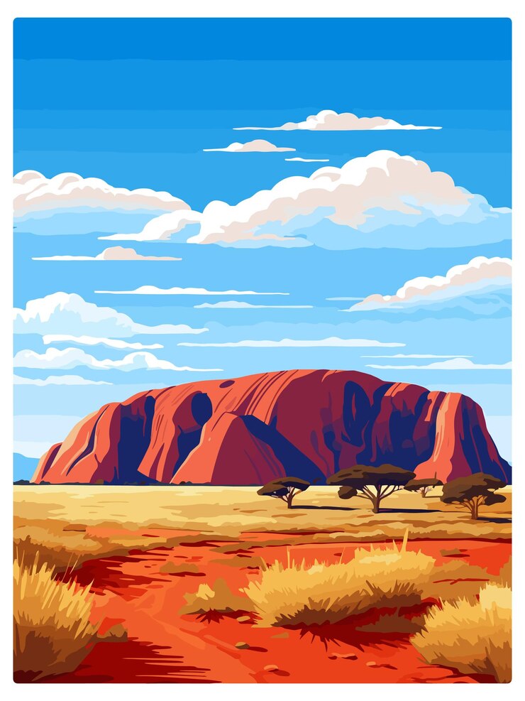 Vector parque nacional uluru kata tjuta australia cartel de viaje de época cartel postal de recuerdo pintura de retrato