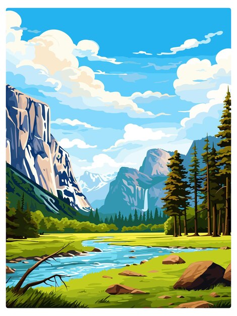 Vector el parque nacional yosemite poster de viaje vintage recuerdo tarjeta postal pintura de retrato ilustración wpa