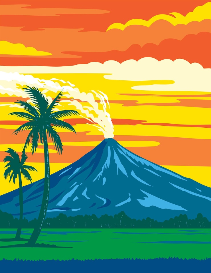 Vector parque natural del volcán mayon en la región de bicol luzón filipinas wpa art deco póster