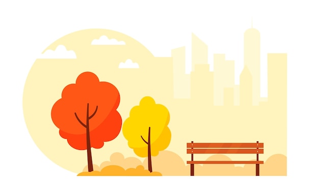 Parque de otoño con árboles y un banco en el fondo de la ciudad Flaillustration vectorial