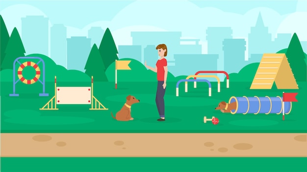 Parque para perros con equipamiento deportivo Una mujer entrenando a un perro