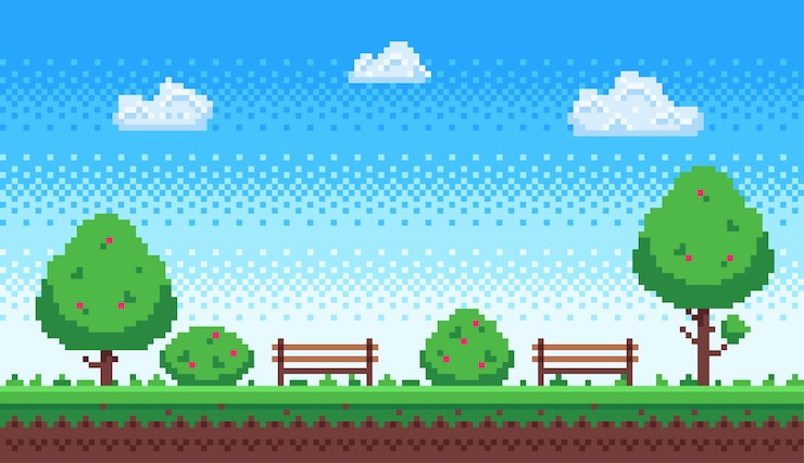 Vector parque de píxeles juego retro cielo azul, árboles de píxeles y banco de parques ilustración