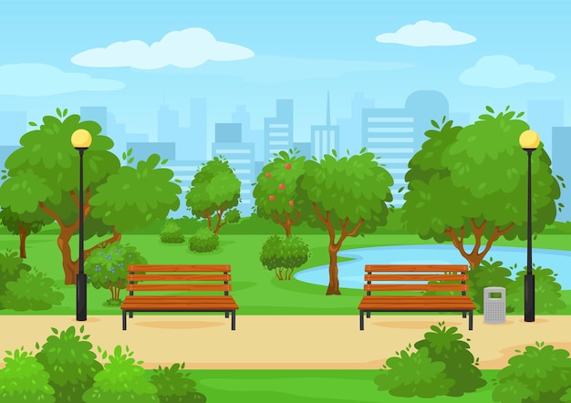 Vector parque público de la ciudad de dibujos animados con bancos de árboles verdes y parque urbano de paisaje al aire libre de verano de lago