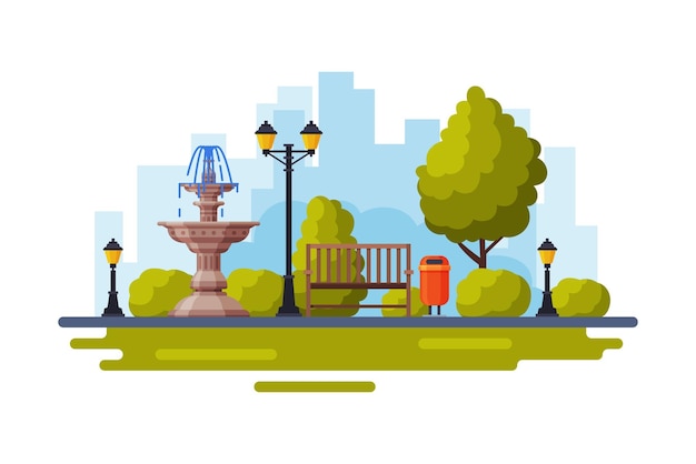 Parque público de la ciudad con fuentes de mármol, farolas, banco de madera, estilo plano, ilustración vectorial sobre fondo blanco.